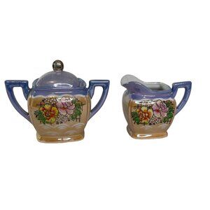 Vintage Peach Lusterware Japan Floral Ceramic Creamer 2 handled lidded Sugar Set